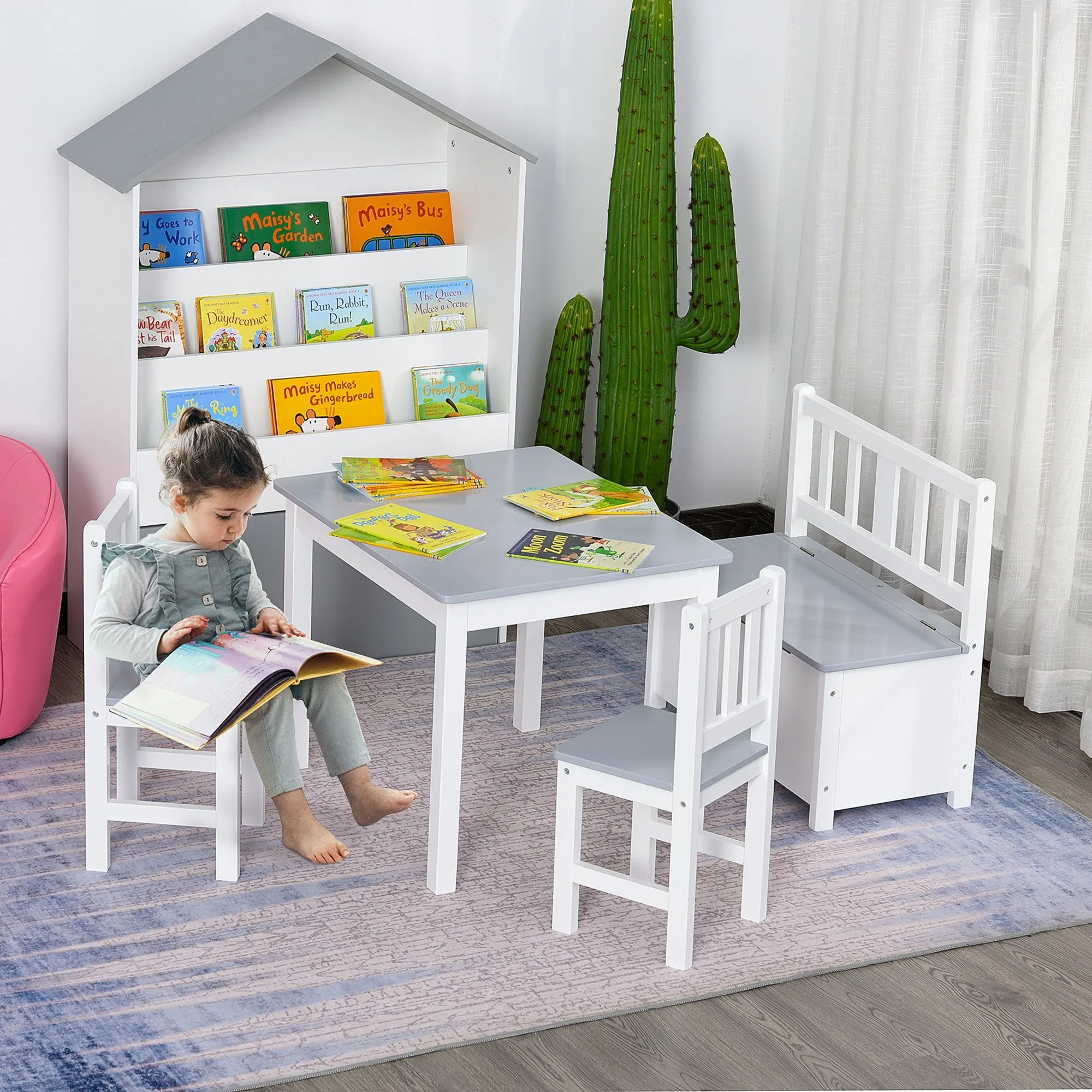 4-Piece Kids Table Set with 2 Wooden Chairs, 1 Storage Bench, and Interesting Modern Design, Grey/White