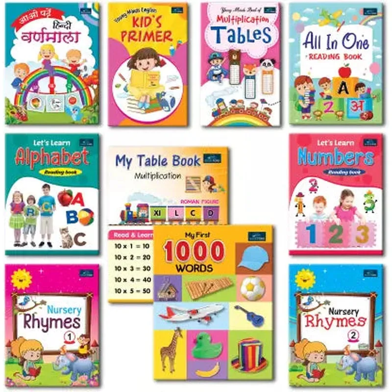 Early Learning English, Hindi and Maths Books for Kids (Set of 10)