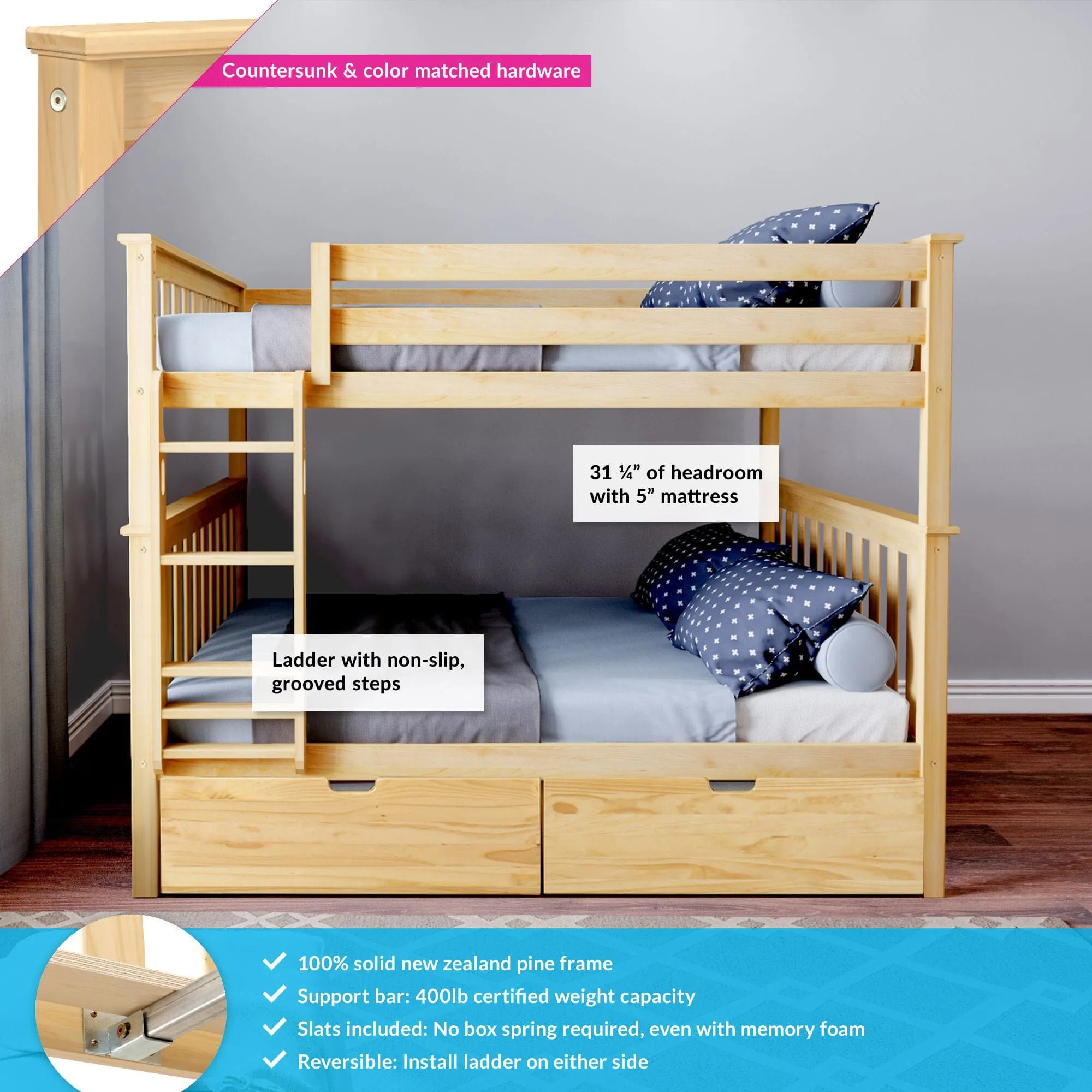 Full Over Full Bunk Bed With Storage Drawers