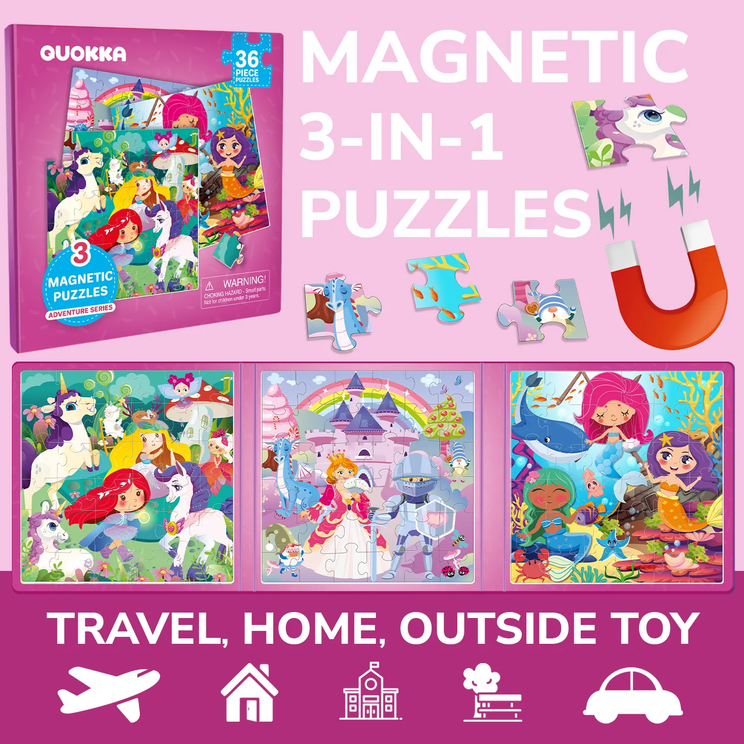 Magnetic Book 3x36 Pcs Puzzles for Kids | Princess, Unicorns & Mermaids