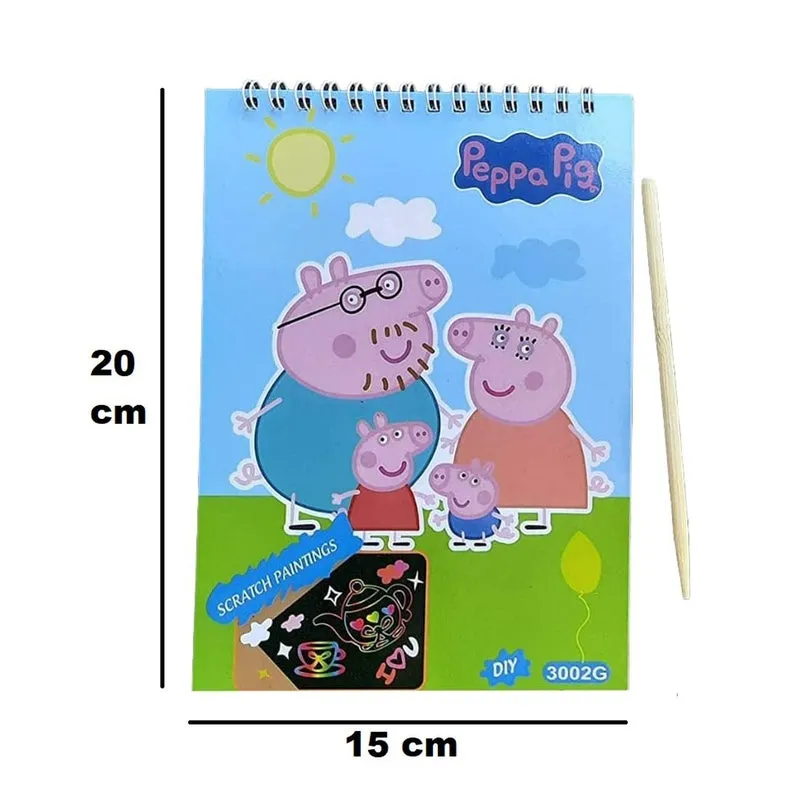 Pack of 2 Combo Printed Scrapbook Peppa Pig & Unicorn Scratch Paper Drawing Art Book with Wooden Stylus Stick for Kids Boy Girl