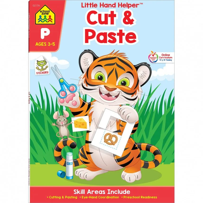 School Zone - Cut & Paste Skills Workbook - Ages 3 to 5, Preschool to Kindergarten, Scissor Cutting, Gluing, Stickers, and More