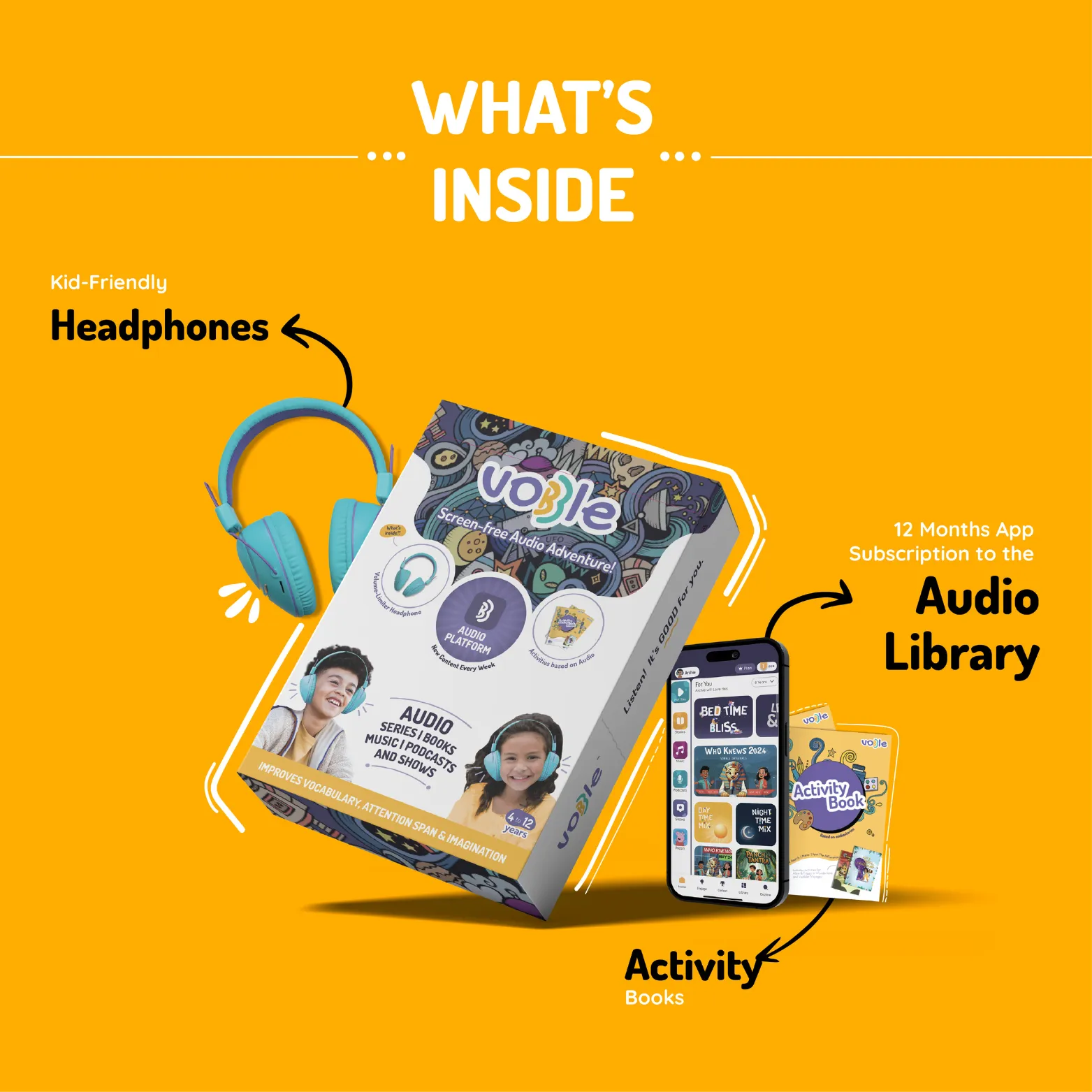 Vobble Kids Screen Free Audio Stories, Music, Adventure Bluetooth Headphones with Subscription Pack 12 Months (New Content Added Every Week), 4000  Minutes of Content, 4 to 12 Years