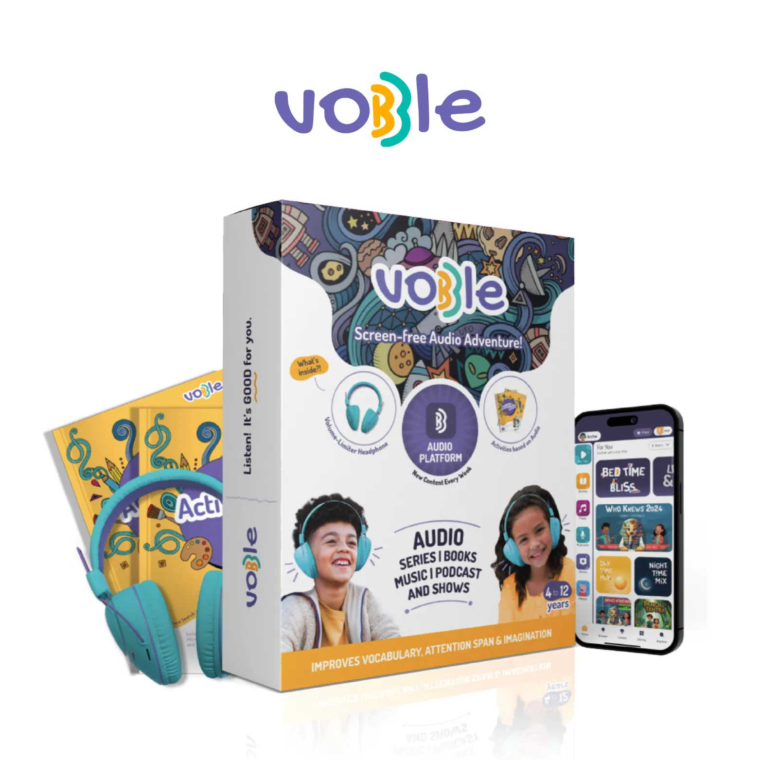 Vobble Kids Screen Free Audio Stories, Music, Adventure Bluetooth Headphones with Subscription Pack 12 Months (New Content Added Every Week), 4000  Minutes of Content, 4 to 12 Years