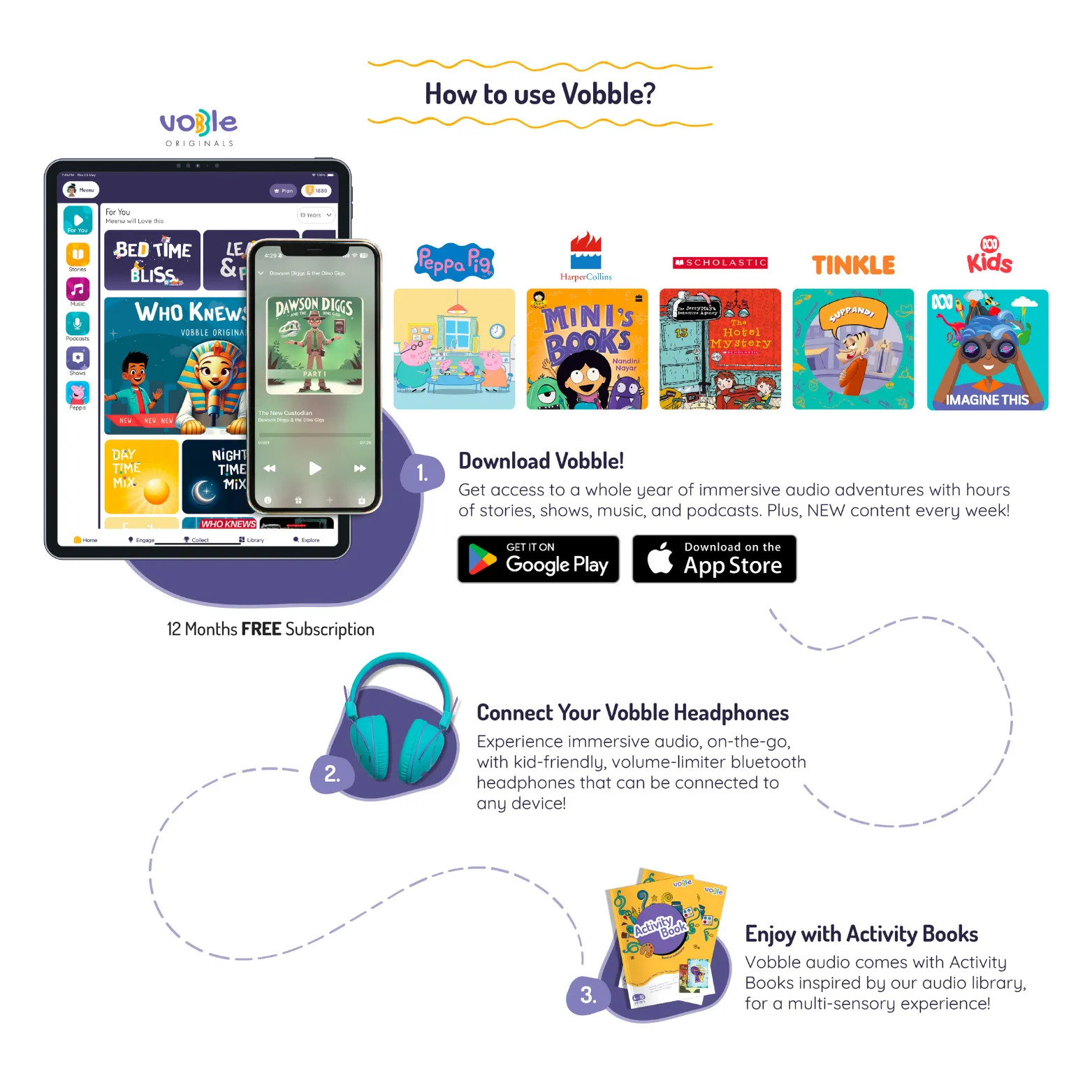 Vobble Kids Screen Free Audio Stories, Music, Adventure Bluetooth Headphones with Subscription Pack 12 Months (New Content Added Every Week), 4000  Minutes of Content, 4 to 12 Years