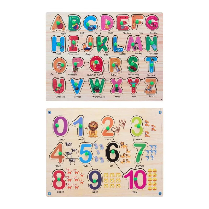 Wooden Alphabtes & Numbers Knob Puzzles Multicolour - 39 Pieces