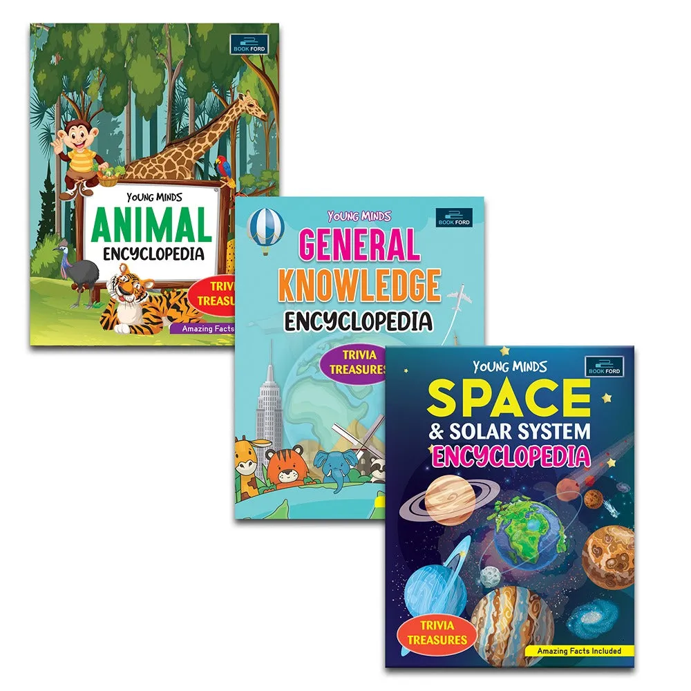 Young Minds Encyclopedia - Set of 3 - Animals , General Knowledge , and Space Encyclopedia For Kids