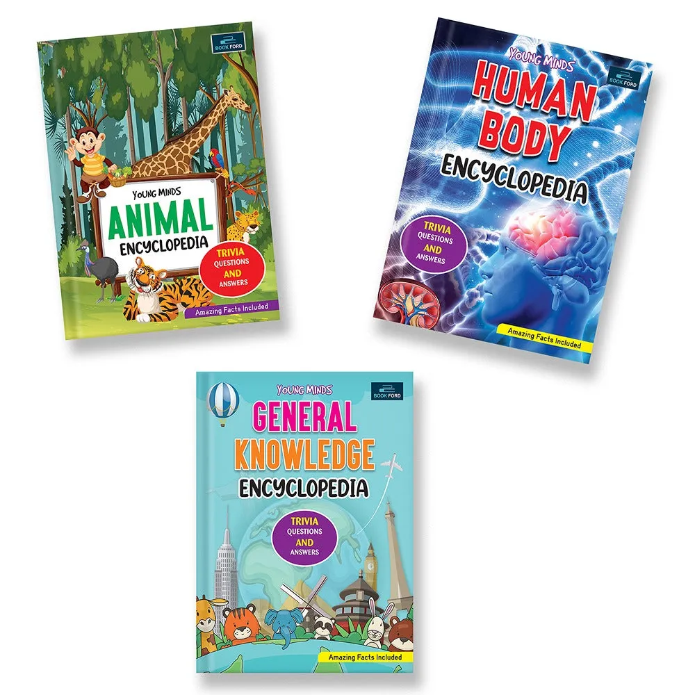 Young Minds Encyclopedia - Set of 3 Books - Animals , General Knowledge , and Human Body Encyclopedia For Kids