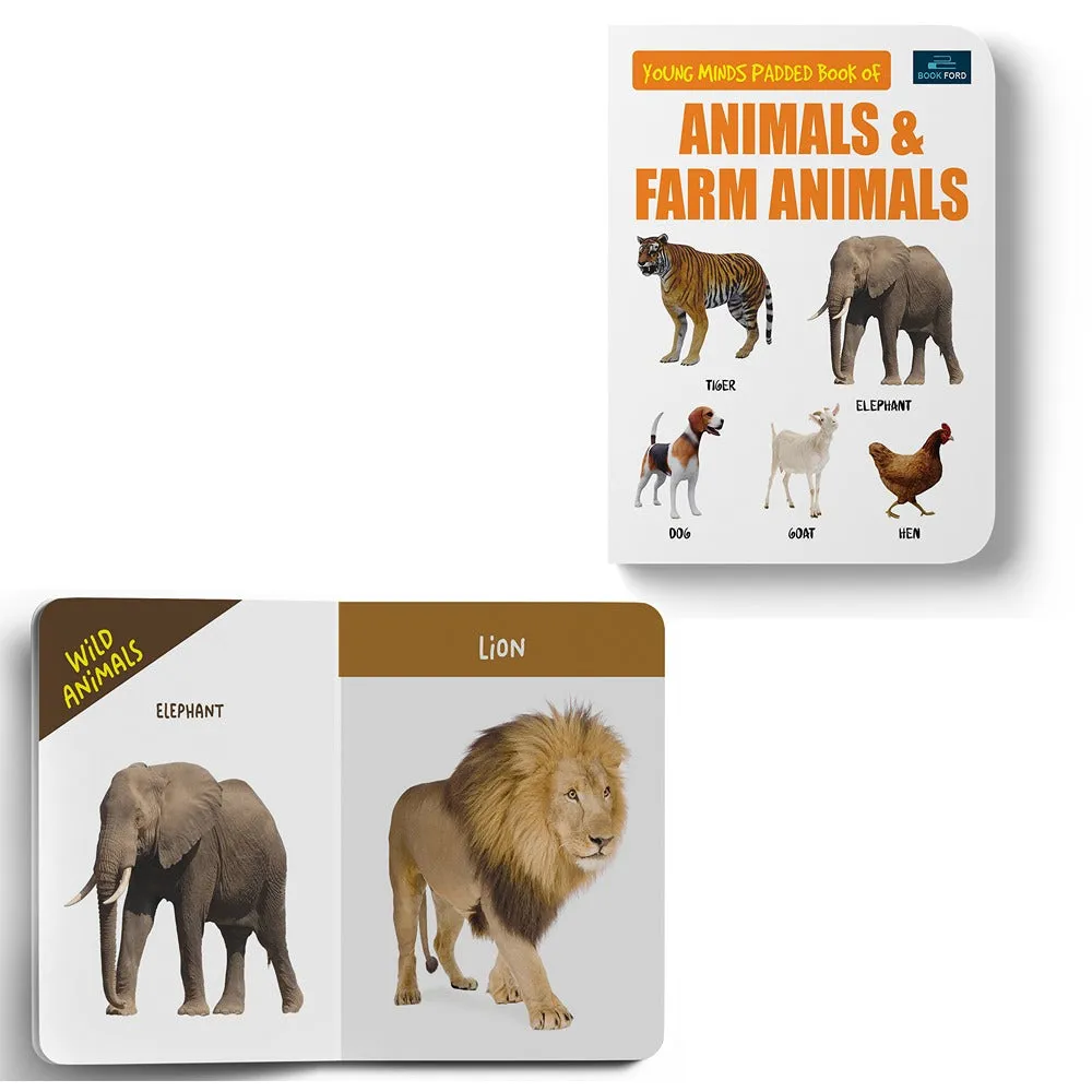 Young Minds Padded Book For Kids - Set Of 3 Books - Animals & Farm Animals, All In One, And 100 Wordsboard Book